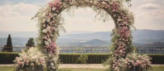 Beautiful romantic elegant wedding decor for a luxury dinner in Italy Tuscany Modern floral design for outdoor wedding. Copy space image. Place for adding text or design