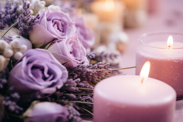 Obraz na płótnie Canvas Close-up of a floral arrangement with purple roses and lavender, accompanied by lit candles, creating a serene ambiance.