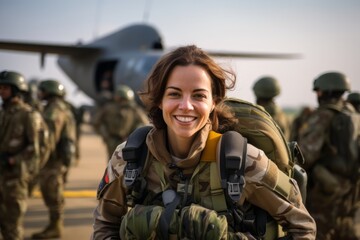 Portrait of smiling female soldier with backpack standing in front of military airplane - obrazy, fototapety, plakaty