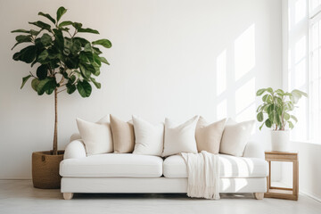 A bright room with a white couch adorned with beige pillows, a large potted plant, and a small plant on a wooden stand. - Powered by Adobe