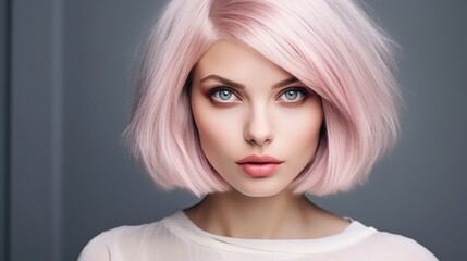 Fashion Stylish Beauty Portrait. Beautiful Girl's Face Close-up, Cute young woman blonde hair with bob haircut isolated on flat gray background with copy space. - obrazy, fototapety, plakaty