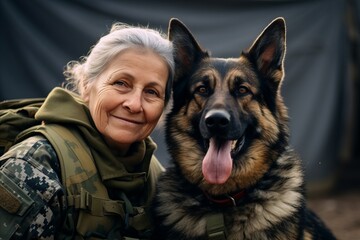 Portrait of an elderly woman with her dog on the background of the military tent. - obrazy, fototapety, plakaty