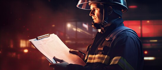 beautiful firefighter checking fire alarm while holding clipboard. Copy space image. Place for adding text or design - obrazy, fototapety, plakaty
