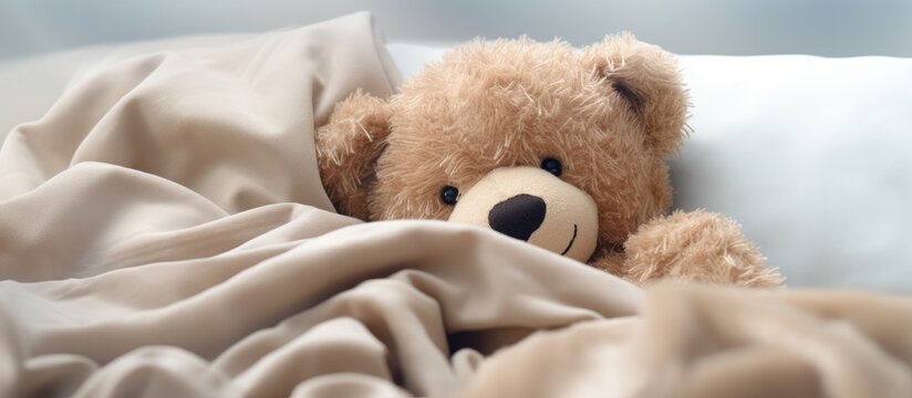 An adorable teddy bear laying in bed sick under the sheets. Copy space image. Place for adding text or design