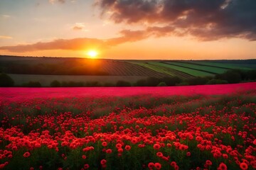 Create a picturesque view of a vibrant flower field stretching to the horizon