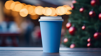 Paper cup with coffee сlose up. Blue coffee cup. Christmas tree with lights on the background....