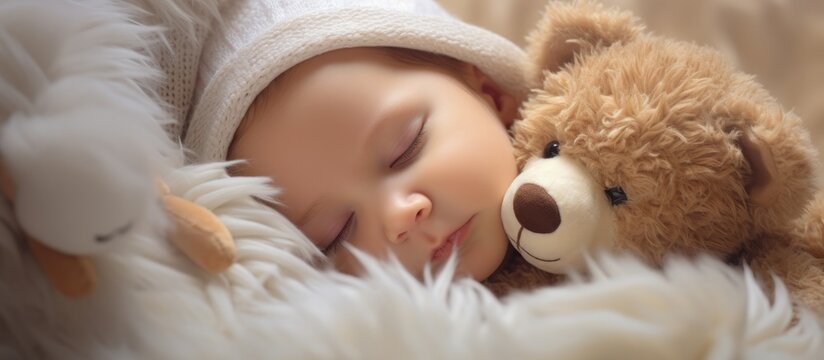 Baby sleeping on white fur with stuffed animal. Copy space image. Place for adding text or design