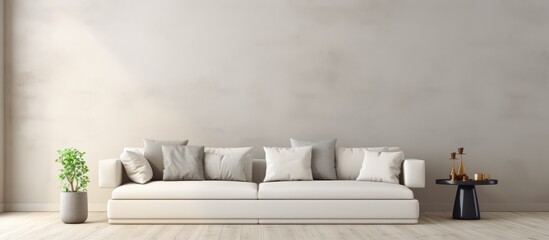 Fototapeta na wymiar Beige comfortable corner sofa with grey pillows in elegant living room interior with white wall. Copy space image. Place for adding text or design