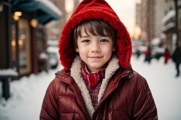 Cute Russian boy kid in santa claus hat on christmas modern office or street background. At Christmas cute russian boy kid with santa hat smiling look at camera