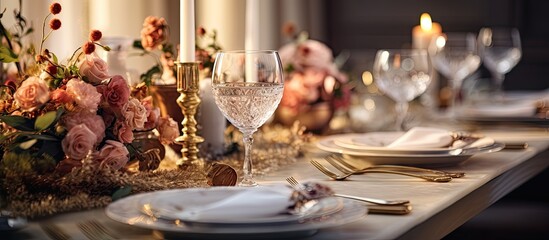 Beautiful family dinner table decor Table decor concept Luxury home. Copy space image. Place for adding text or design - obrazy, fototapety, plakaty
