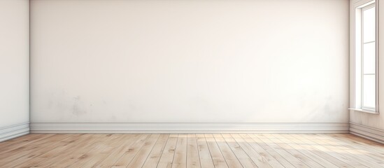an empty room with wood flooring and white paint on the walls there is a large window in the corner. Copy space image. Place for adding text or design - obrazy, fototapety, plakaty