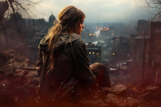 tsad woman looking on bombed out cityscape of kiev from the heigh