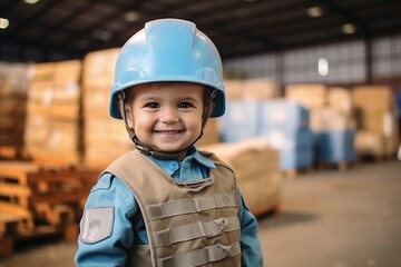 Portrait of a smiling little boy wearing a safety helmet in a warehouse