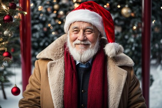 Handsome awesome French old man in Santa Claus hat, muffler and jacket. Fashionable french old man in winter clothes over snowy background. Winter background in street or office blurry