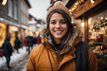 Holidays, christmas, winter and young people concept - smiling young woman in warm clothes over snowy mountain street background