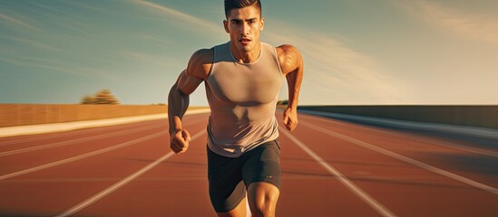 Athlete running on a sports track for fitness exercise in outdoor training practice Below view of fit active man sprinting motion blur speed Runner performing cardio workout for health and stam - obrazy, fototapety, plakaty
