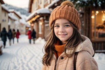 Holidays, christmas, winter and young people concept - smiling young girl kid in warm clothes over snowy mountain street background