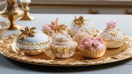 A harmonious composition of delicate French desserts, each intricately decorated with fine sugar work and edible gold accents.