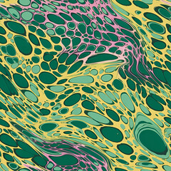 Ebru painting texture seamless pattern. Violet, green, gray colors abstract background with swirl, curve lines. Seamless liquid fluid. Marbling style effect for unique design, fabric