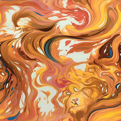 Ebru painting texture seamless pattern. Jrange lion, brown, white colors abstract background with swirl lines. Seamless liquid fluid. Marbling style effect for unique design print