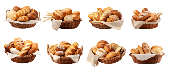 Set of Delicious pastries and breads placed in vase basket isolated on transparent png background, various of breads for selling in shop concept.