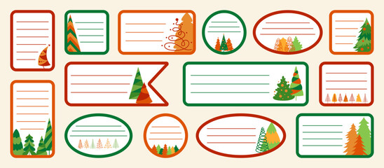 Christmas sticker with tree cartoon set. New Years and xmas traditional symbol trees, pines frame design for tags or labels typography. Hand drawn abstract doodle Christmas gift tag vector