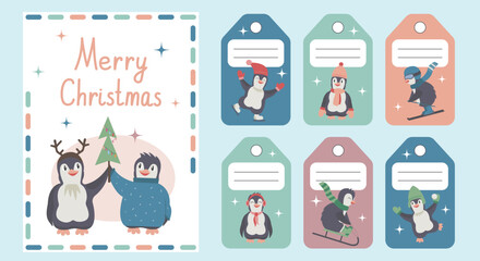 Vector Christmas Tags Collection in Pastel Colors with Cute Animals and Christmas Greeting Card. Set of Posters with Cartoon Penguins Playing and Enjoying the Winter. New Year Concept
