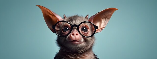 Studio portrait of a bat wearing glasses on a simple and colorful background. Creative animal concept, bat on a uniform background for design and advertising.