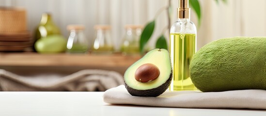 Avocado oil domestic beauty treatment use Bottle of oil based tonic green plant decor on towel and fresh fruit. Copy space image. Place for adding text or design - obrazy, fototapety, plakaty