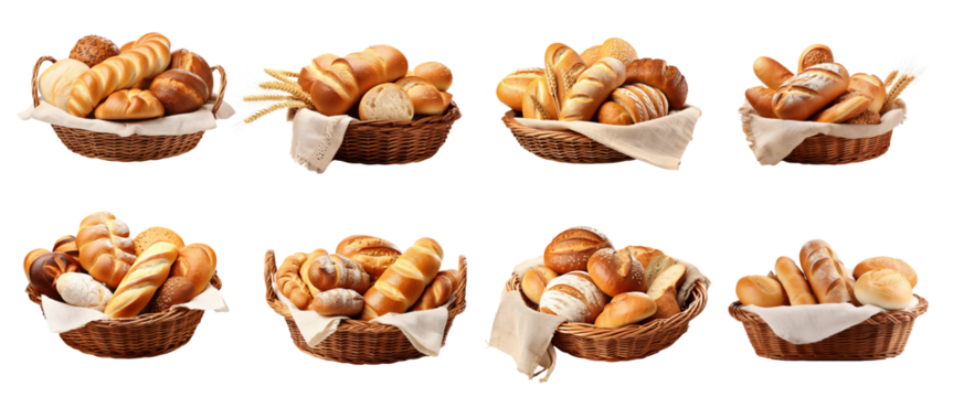Set of Delicious pastries and breads placed in vase basket isolated on transparent png background, various of breads for selling in shop concept.