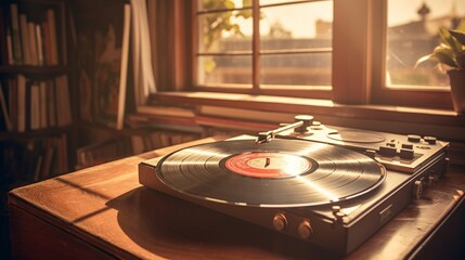 A dusty old record player rests on a worn wooden floor, surrounded by scattered vintage vinyl albums. The sunlight streaming through the window creates a nostalgic ambiance.