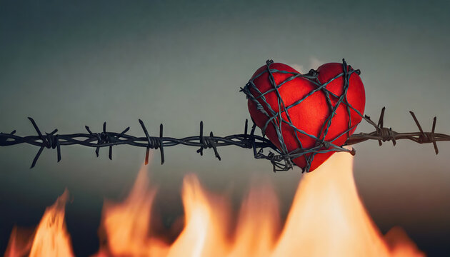red heart symbol wrapped in barbed wire fence and the fire burning behind. Valentines day and love concept