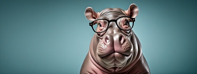 Studio portrait of a hippopotamus wearing glasses on a simple and colorful background. Creative animal concept, hippopotamus on a uniform background for design and advertising.