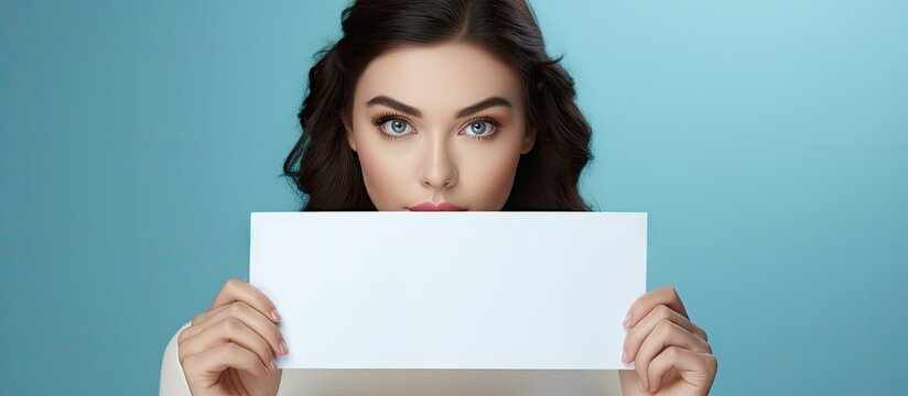 Beautiful young woman model holding an empty blank paper sheet Perfect for advertising and mockups. Copy space image. Place for adding text or design