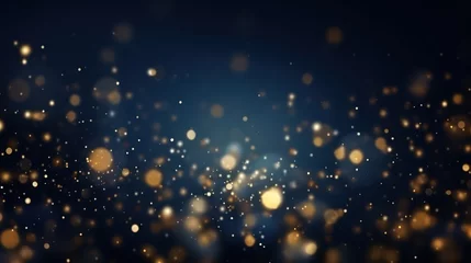 Fotobehang Golden light shines particles blurred on a dark blue navy background. Holiday Christmas backdrop concept. Abstract bokeh background with Dark blue and gold particle © Shanoom