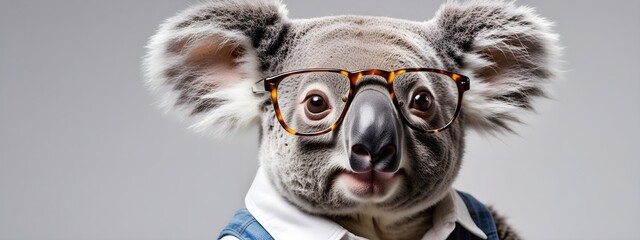 Naklejka premium Studio portrait of a koala wearing glasses on a simple and colorful background. Creative animal concept, koala on a uniform background for design and advertising.