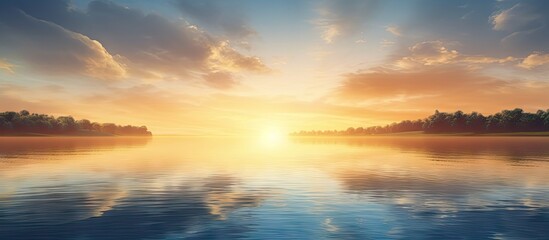 Agricultural sunrise over calm water with sky reflecting sunlight. Copy space image. Place for adding text or design