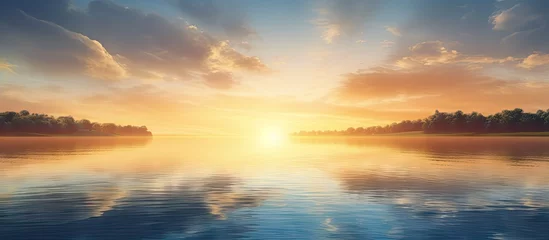 Foto op Plexiglas Reflectie Agricultural sunrise over calm water with sky reflecting sunlight. Copy space image. Place for adding text or design