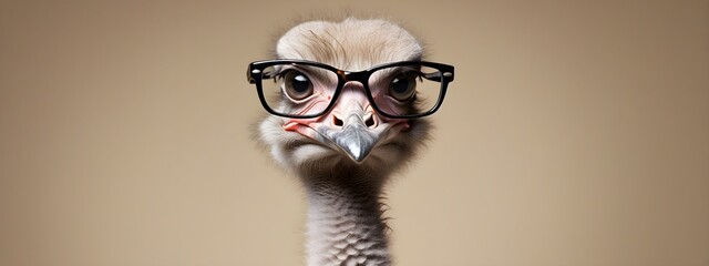 Studio portrait of a ostrich wearing glasses on a simple and colorful background. Creative animal concept, ostrich on a uniform background for design and advertising. - obrazy, fototapety, plakaty