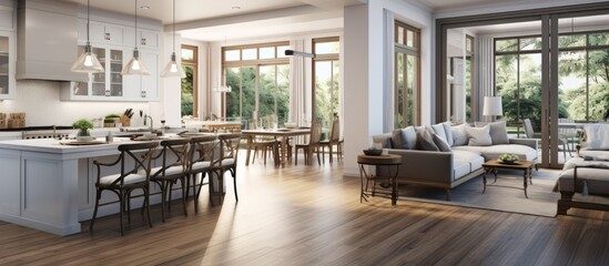 Beautiful kitchen interior in stunning new luxury home with dining room and view of living room with fireplace Spacious open floor plan design. Copy space image. Place for adding text or design