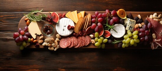 Appetizers boards with assorted cheese meat grape and nuts Charcuterie and cheese platter Top view copy space. Copy space image. Place for adding text or design - obrazy, fototapety, plakaty