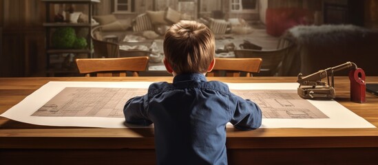 Always curious Cute little boy in a white hand sitting at the table and looking at his father holding a blueprint while drawing a picture. Copy space image. Place for adding text or design