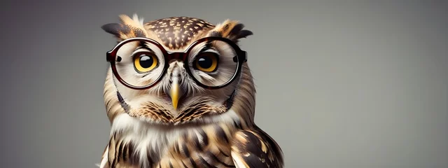 Wandcirkels aluminium Studio portrait of a owl wearing glasses on a simple and colorful background. Creative animal concept, owl on a uniform background for design and advertising. © 360VP