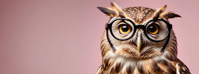 Photo sur Plexiglas Dessins animés de hibou Studio portrait of a owl wearing glasses on a simple and colorful background. Creative animal concept, owl on a uniform background for design and advertising.