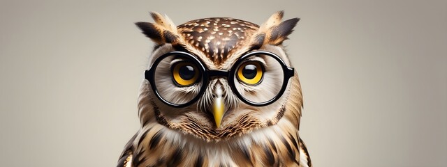 Studio portrait of a owl wearing glasses on a simple and colorful background. Creative animal concept, owl on a uniform background for design and advertising.