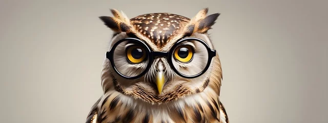 Photo sur Plexiglas Dessins animés de hibou Studio portrait of a owl wearing glasses on a simple and colorful background. Creative animal concept, owl on a uniform background for design and advertising.