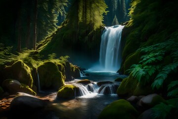 Design a visual portrayal of a cascading waterfall nestled in a lush forest, sunlight dancing on the crystal-clear cascade