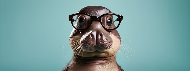 Studio portrait of a platypus wearing glasses on a simple and colorful background. Creative animal concept, platypus on a uniform background for design and advertising.