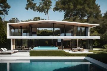 Fototapeta premium Design a visual portrayal of a modern pool house with floor-to-ceiling windows, minimalist furniture, and a glistening pool bordered by manicured landscaping