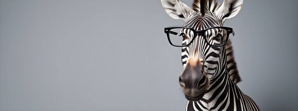 Studio portrait of a zebra wearing glasses on a simple and colorful background. Creative animal concept, zebra on a uniform background for design and advertising.